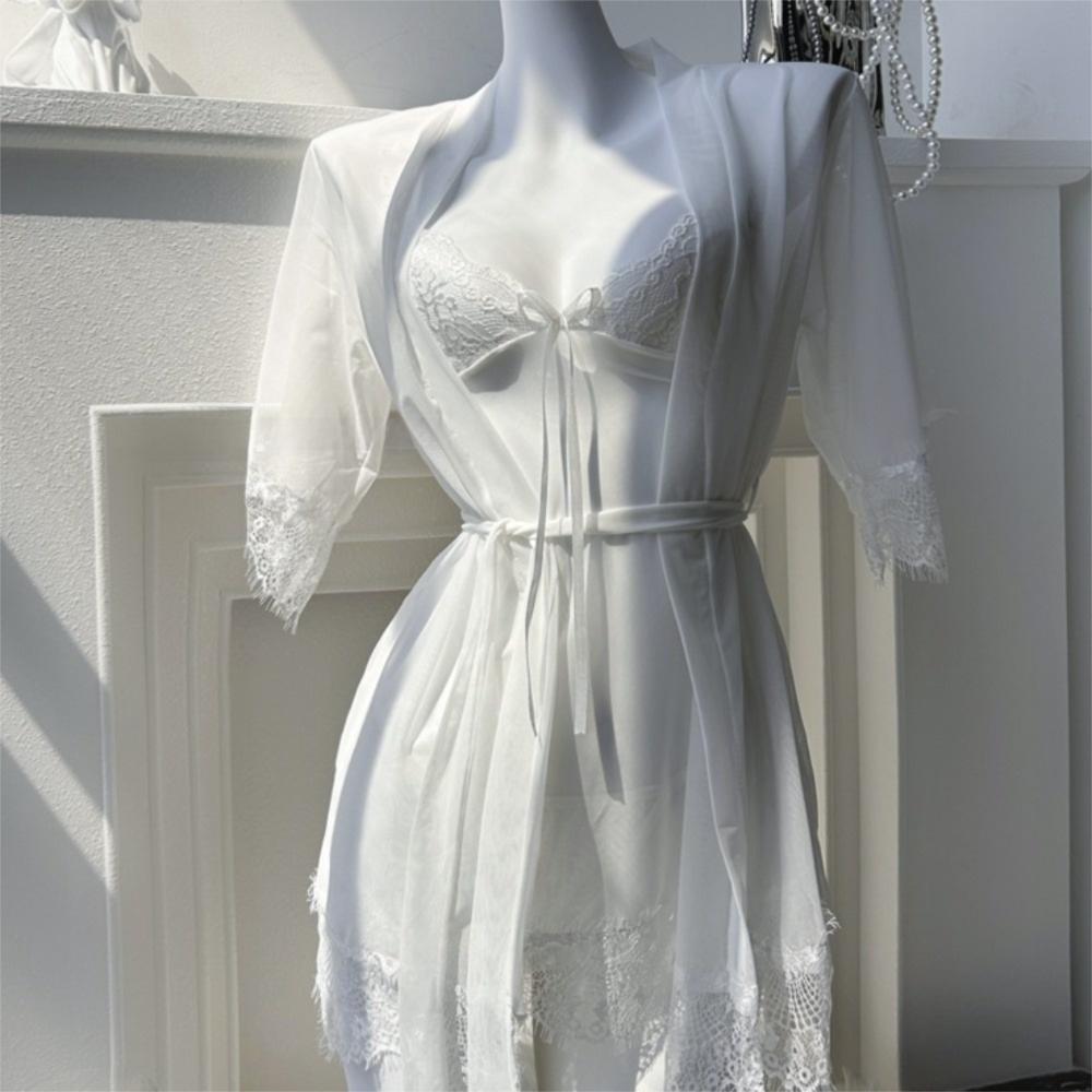 Backless Lace Suspender Nightdress Transparent Sleepwear Robe Set Sweet Mesh Sling Nightgown Gift