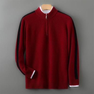 Herren Pullover 100% Reine Wolle mit halbem Reißverschluss - Color Block Strickware für Herbst/Winter