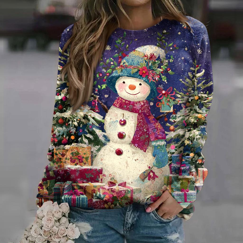 Women's Fashion Casual Long Sleeve Christmas Printed Neck Sweatshirt Top