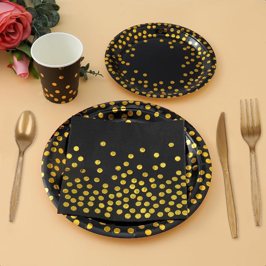 176 Pieces Black Gold Party Dinnerware Set Black Golden Dot Disposable Party Dinnerware Plate 7" 9"Napkins Cups Paper Gold Plas