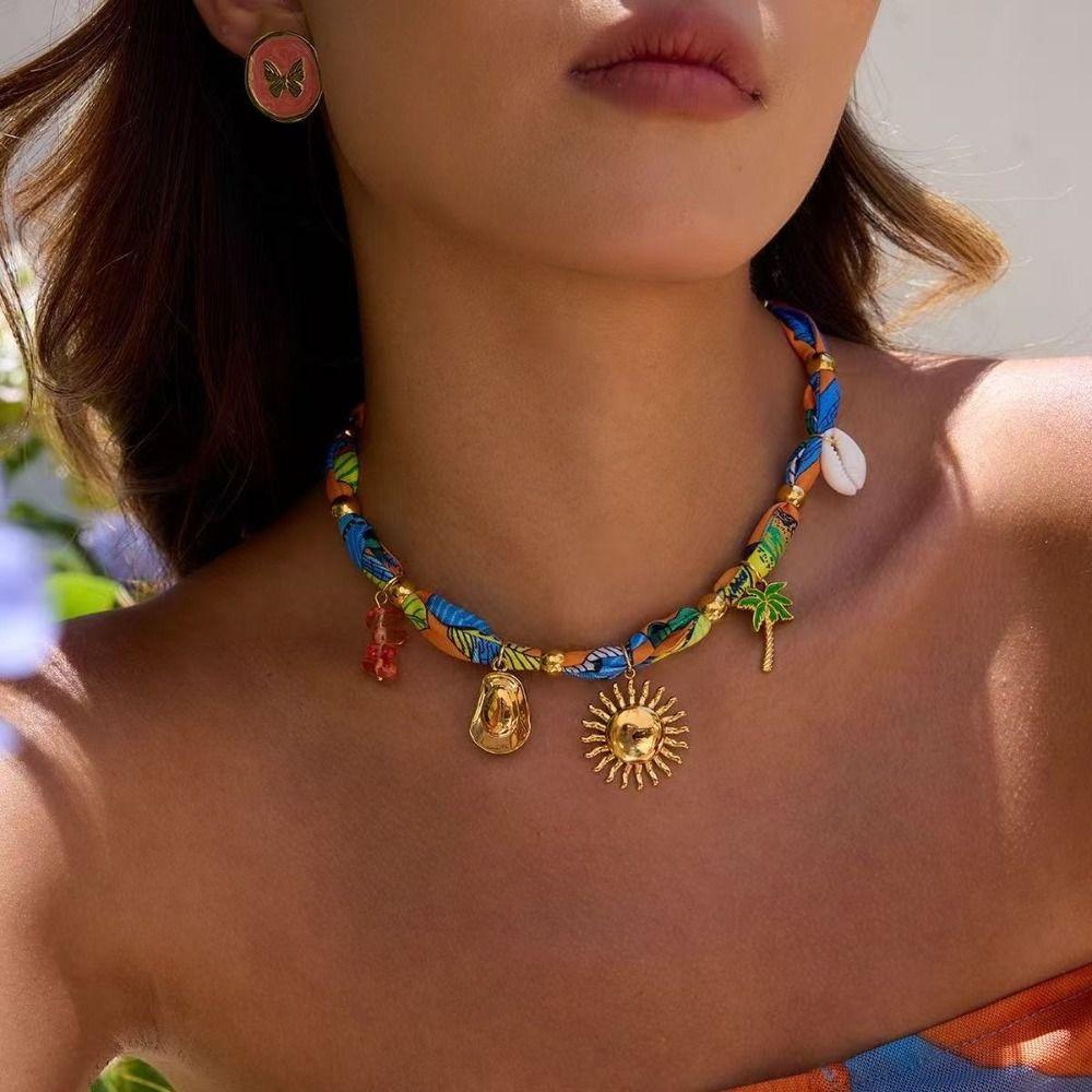 Oil Drop Pendant Scarf Necklace Multi-charm Oil Drop Pendant Necklace  Resort Style