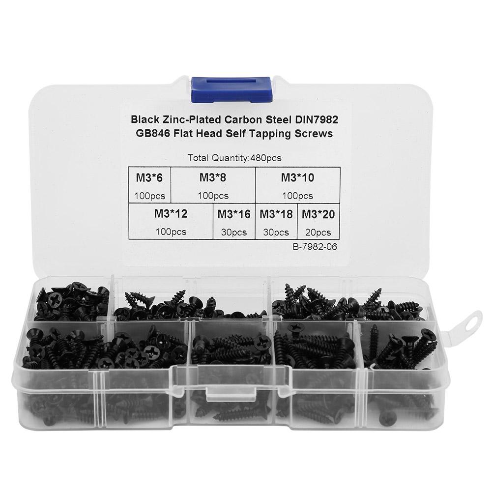 480Pcs Self Tapping Screw M3 Flat Head   Carbon Steel Hardware Fasteners Black Nickel Plating(Carbon Steel Black )