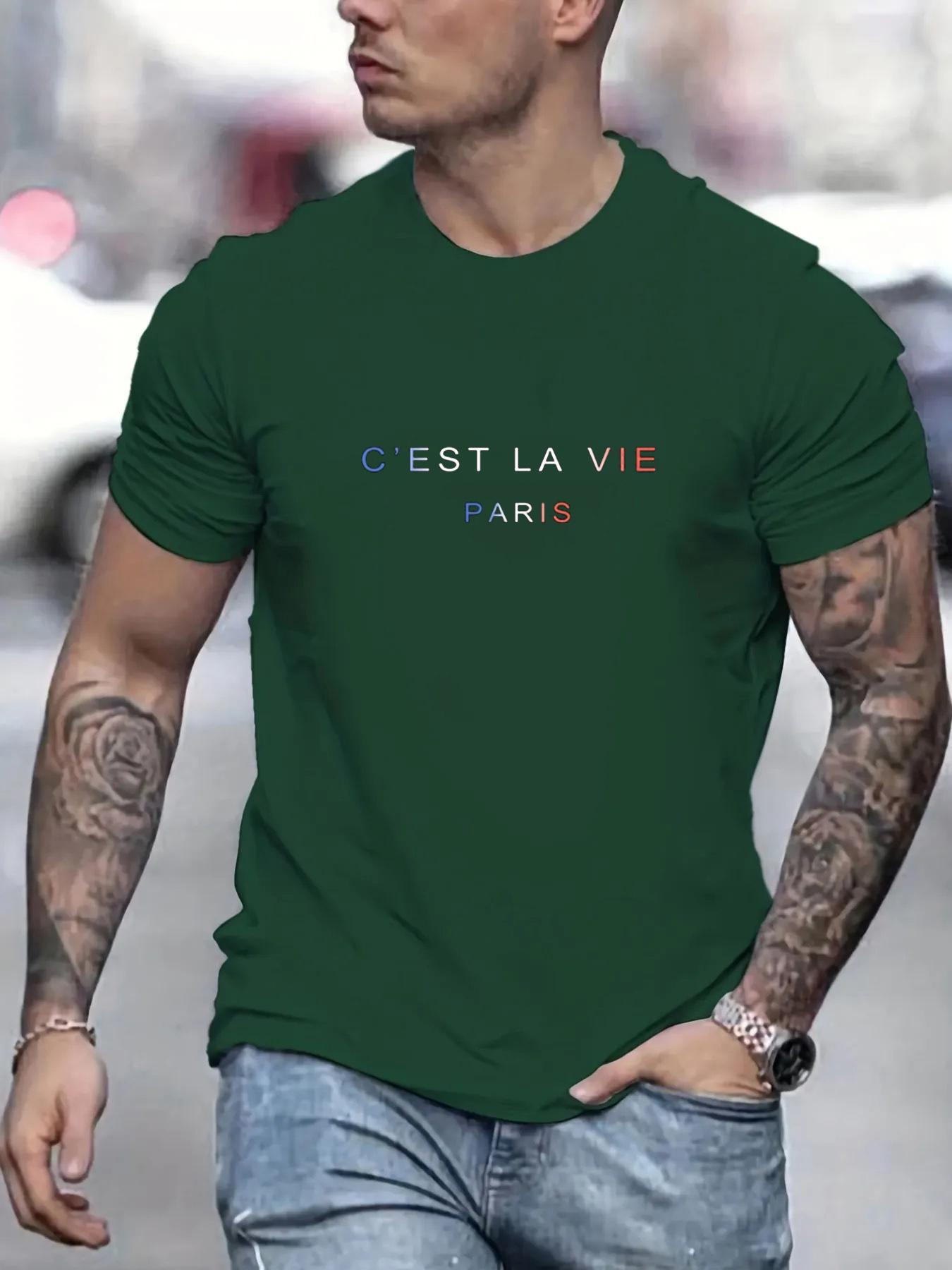 

Men s summer 100% pure cotton fashionable casual loose Paris letter printed round neck short sleeved T-shirt top 5XL різнокольоровий