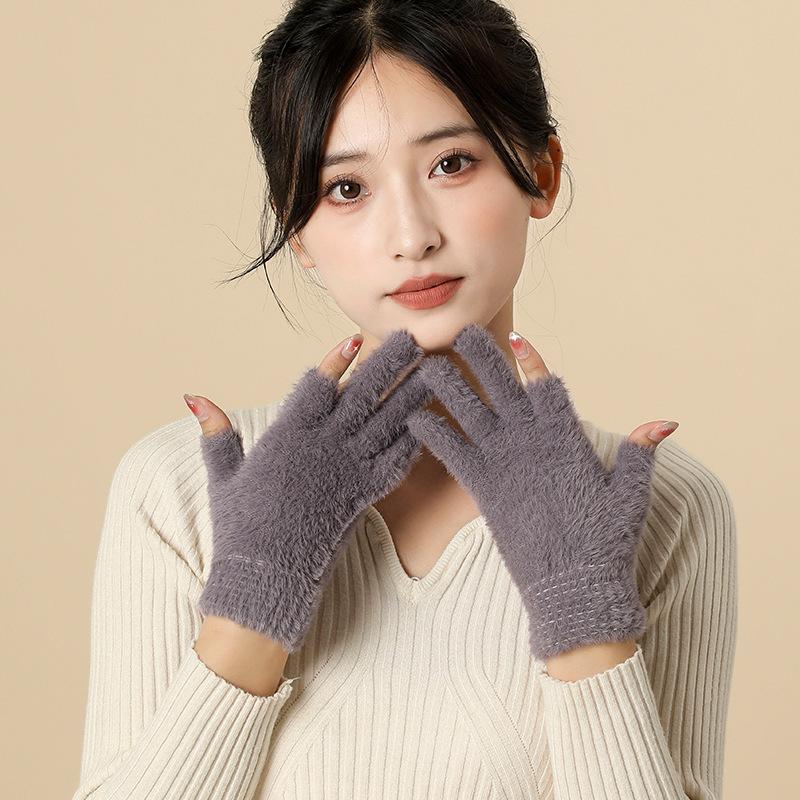 Women's Warm Two finger Gloves with Imitation Mink Plus Velvet Thick Half-finger Work Student Writing To Protect Against Cold Winter