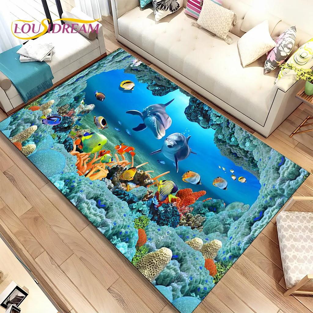 3D Illusion Seabed Underwater World Dolphin Shark Area Rug,Carpet Rug for Living Room Bedroom Sofa Doormat,Non-slip Floor Mat