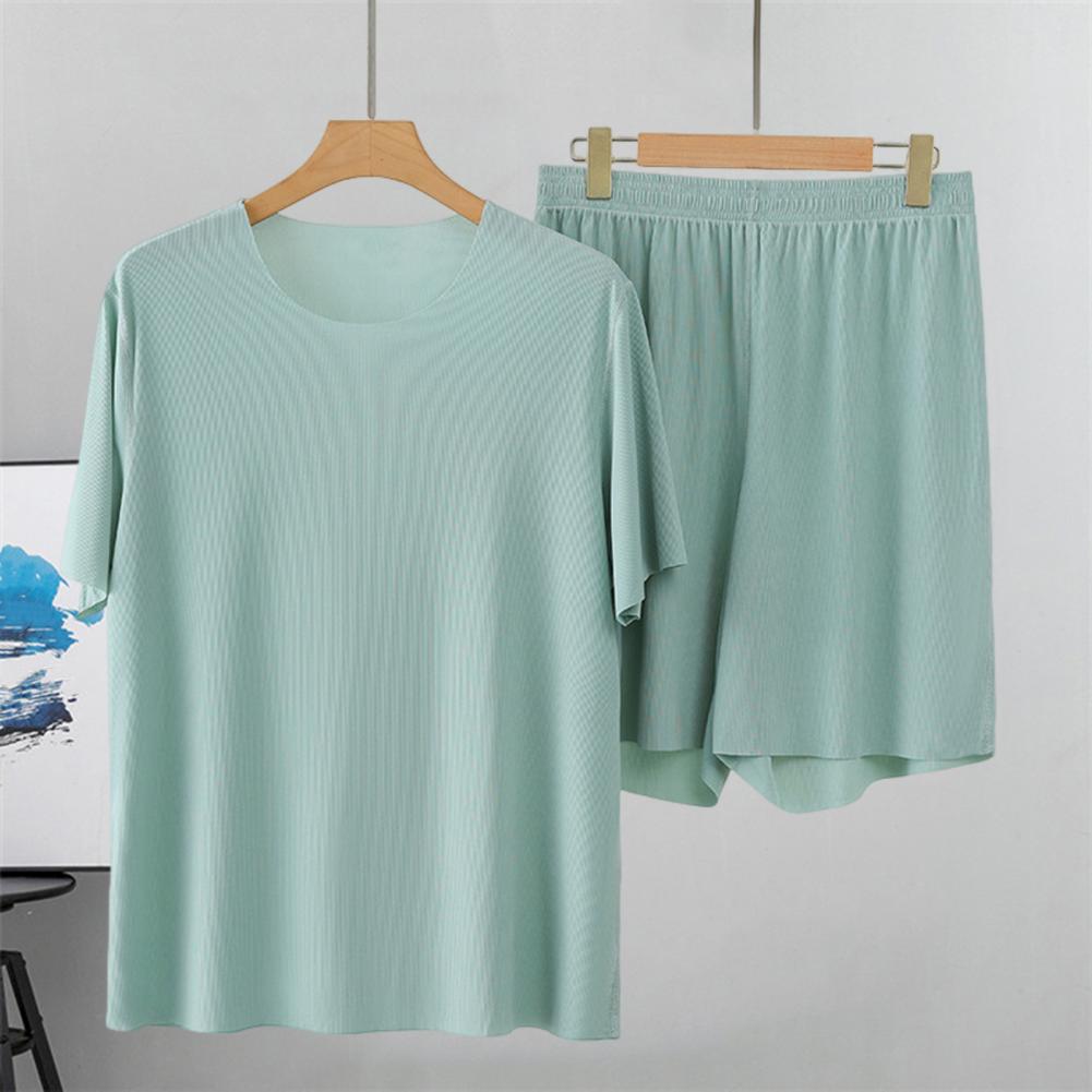 2Pcs/Set Men Loungewear O-Neck Short Sleeve Tops Elastic Waist Wide Leg Shorts Set Solid Color Ice Silk Homewear Seamless Pajama