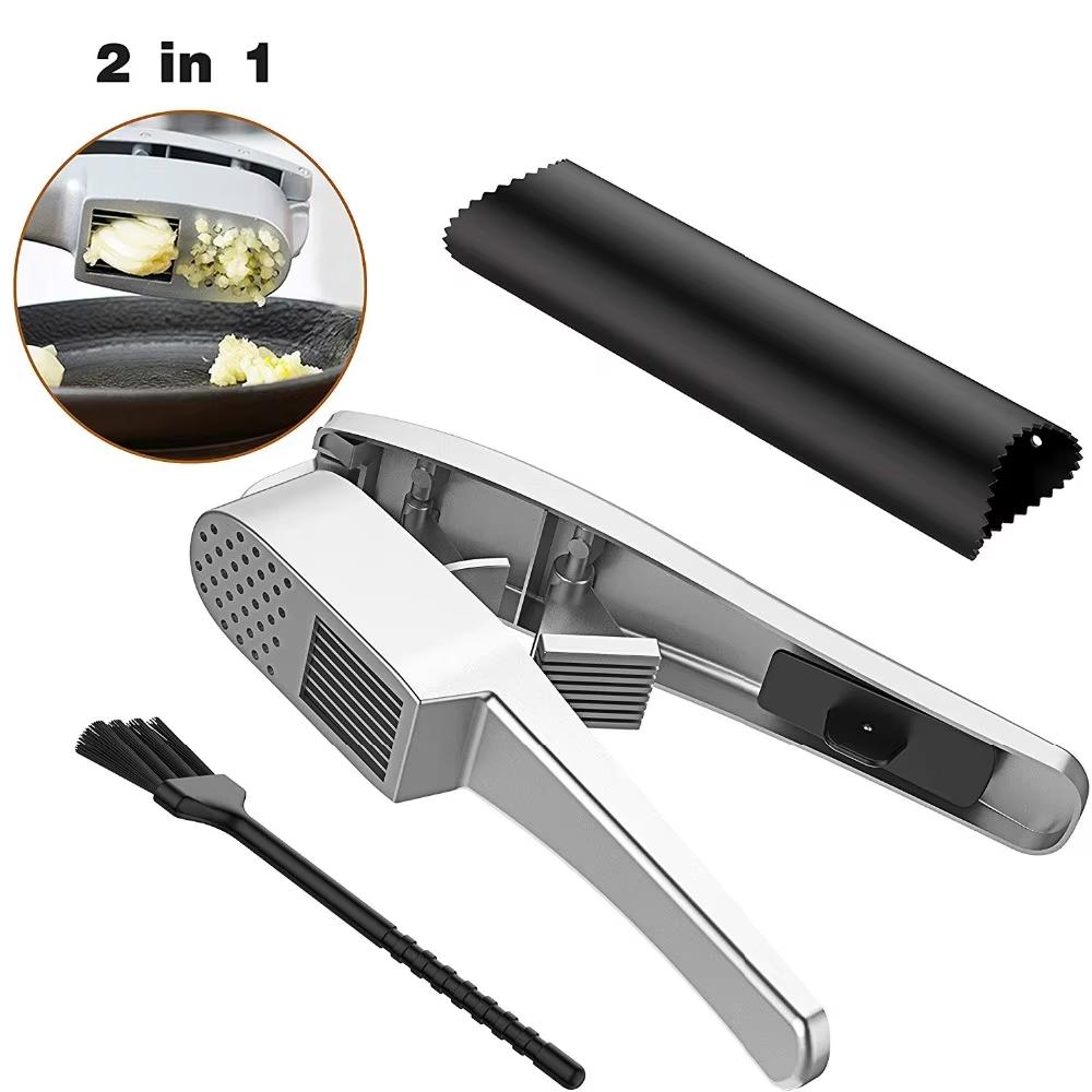 Garlic Press Set 2 In 1 Garlic Mince and Garlic Slice with Garlic Cleaner Brush and Silicone Tube Peeler Set Kitchen Gadgets