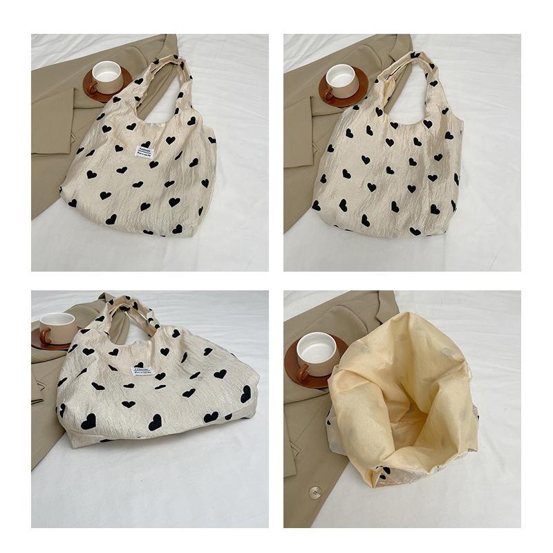 Trendy Heart-Shaped Fabric Tote Bag for Women Large Capacity Versatile Eco-Friendly Handheld Shopping Bag Casual Fashion Purse