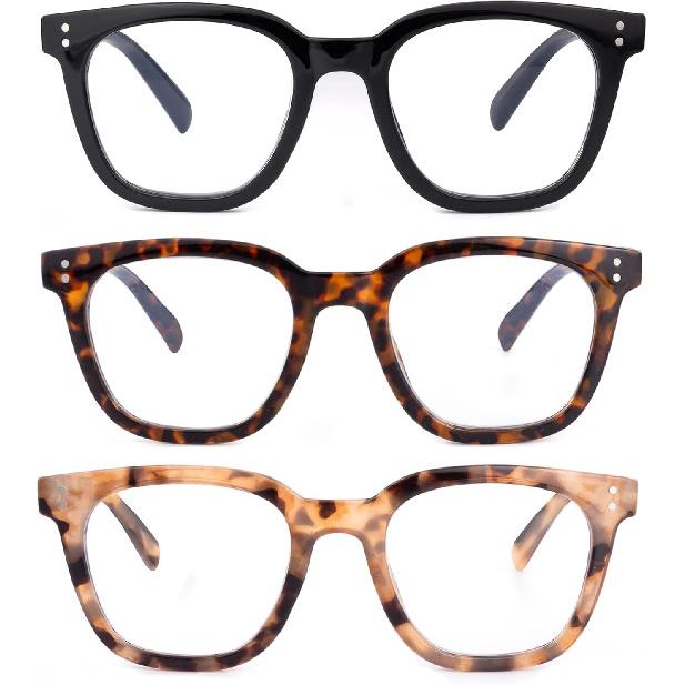 3 Pack Reading Glasses for Women Men, Square Blue Light Blocking Reading Glasses with Spring Hinge Anti Eyestrain Eyeglasses, Computer Readers with