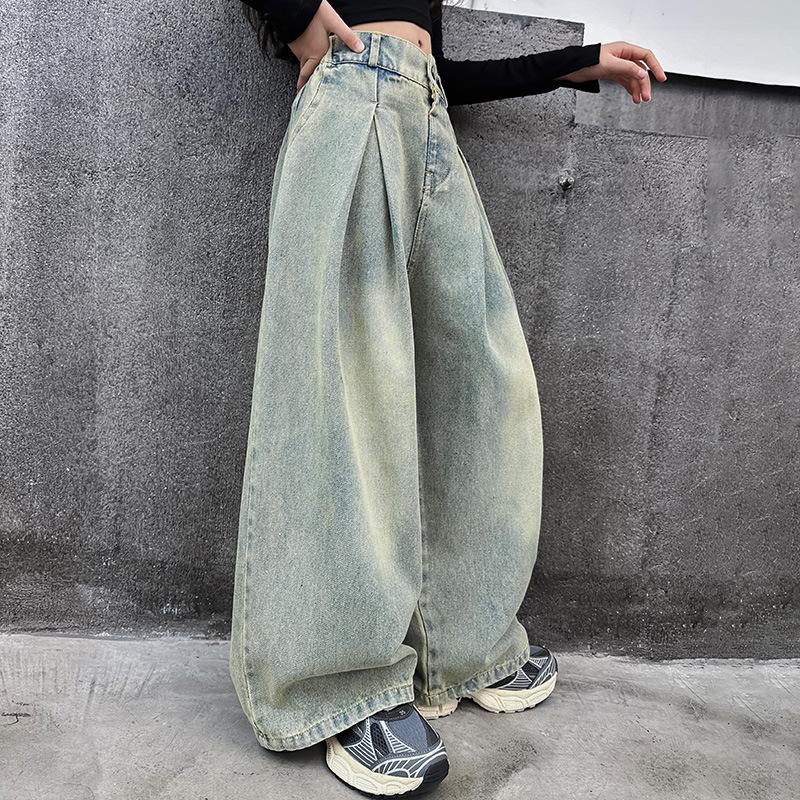 HOTDOG Meisjes Lente en Herfst Hoge Taille Vintage Jeans Midden en Grote Kinderen Comfortabele Gedrapeerde Wijde Pijpen 130