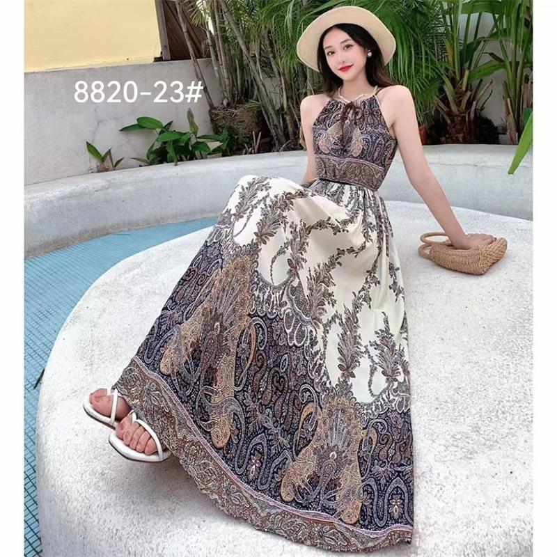 Beach dress cotton and silk printed suspender dress Hawaiian wind island Yunnan travel vacation dress artificial cotton fresh