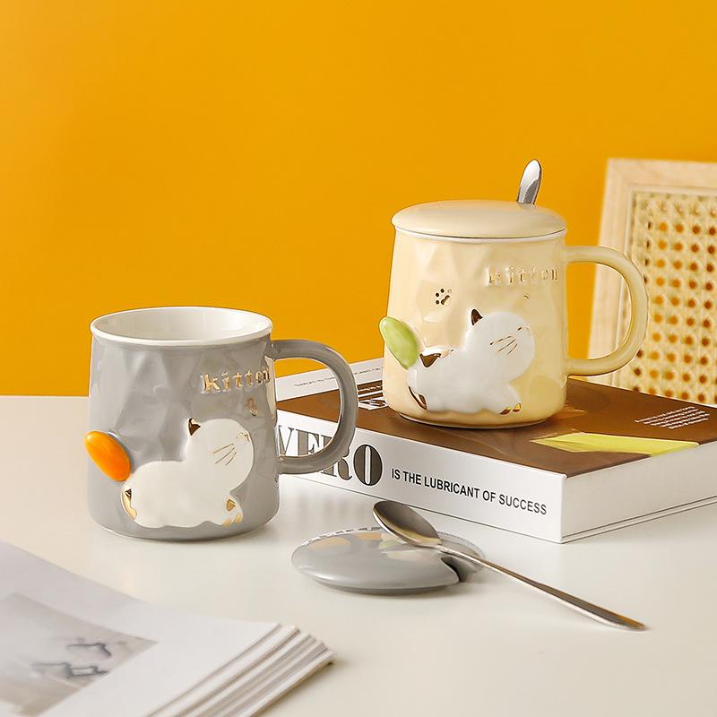 Cartoon Cute Relief Cat with Lid Spoon Ceramic Cup Gift Set Mug Creative Personality Water Cup Girls