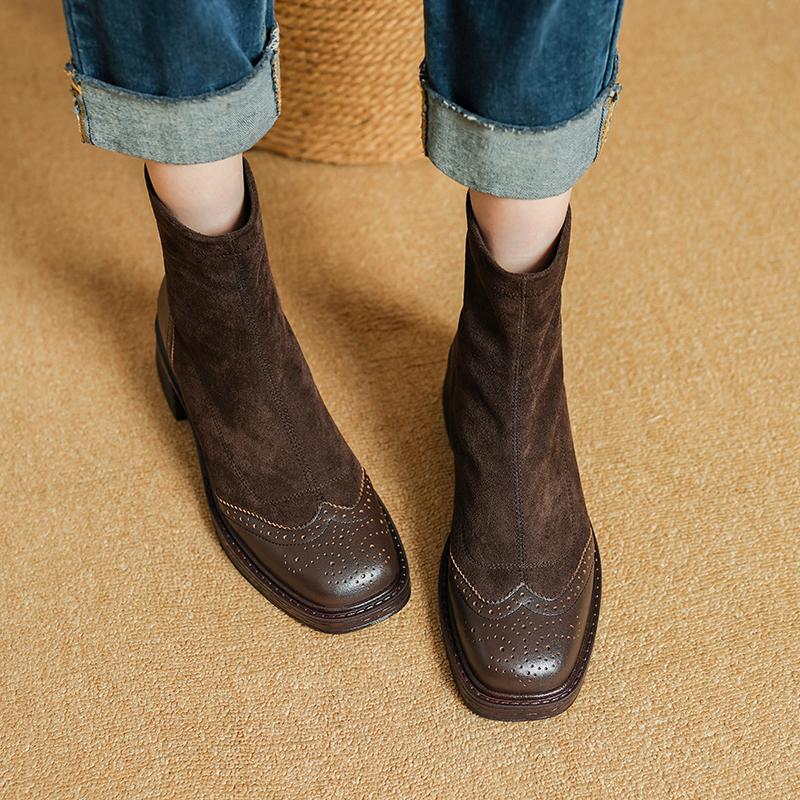 Fashion 2025 NEW Autumn Women Boots Stretch Fabric Shoes for Women Round Toe Chunky Heel Boots for Women Black Platform Boots Brown