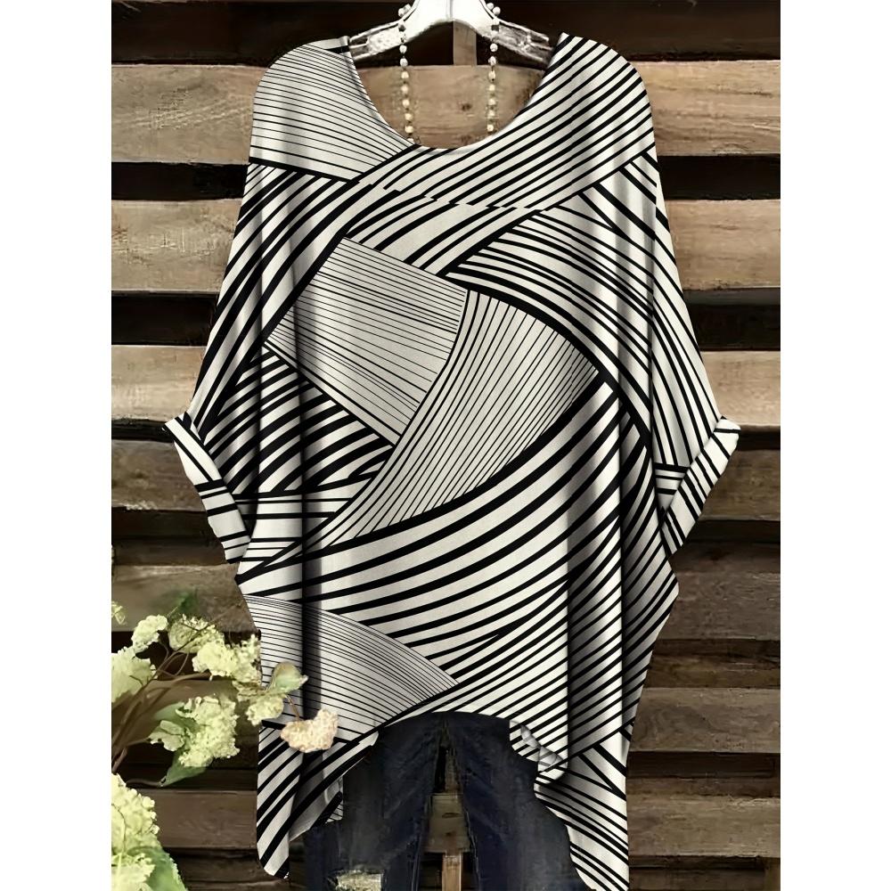 Summer Women's Elegant Black Striped Print Clothes Comfortable Versatile Round Neck Casual Loose Women Short Sleeve Tee