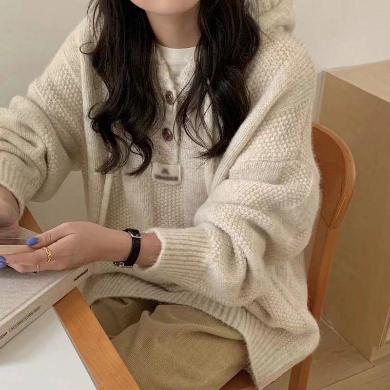 Korean Style Women's Soft Hooded Knit Sweater Coat: New Loose-Fit Autumn/Winter Pullover