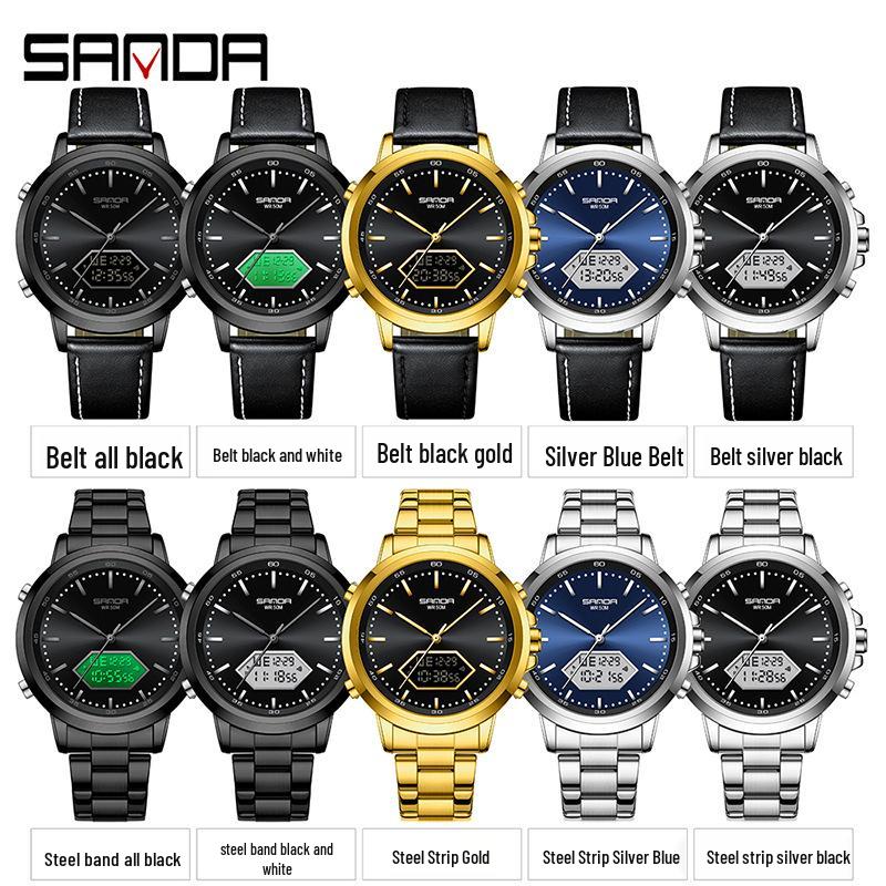 Sanda Men's Multifunction Luminous Waterproof Chronograph Steel Band Dual Display Watch