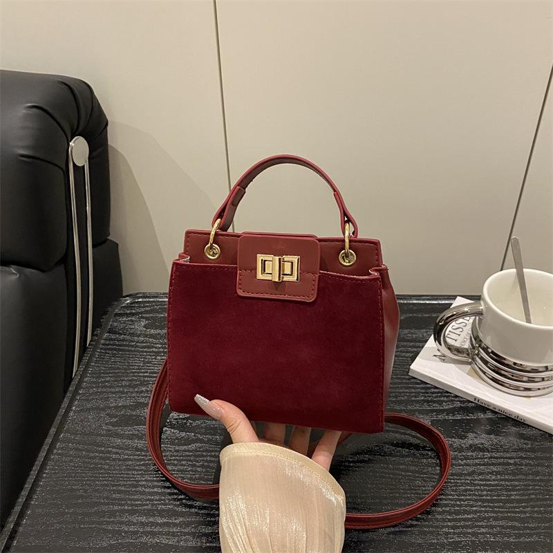 Retro Faux Leather Small Square Shoulder Bag Lock Closure Handbag for Women