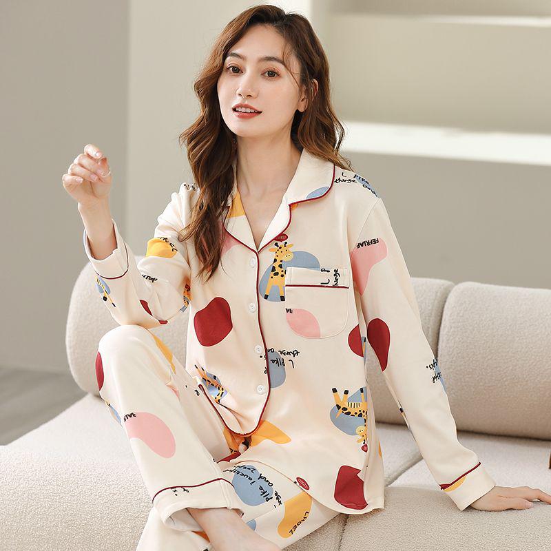 Women's Korean-Style Cartoon Pajama Set - 100% Cotton, Long-Sleeved, Suitable for Spring, Autumn, and Winter, with Cardigan for Home Wear.