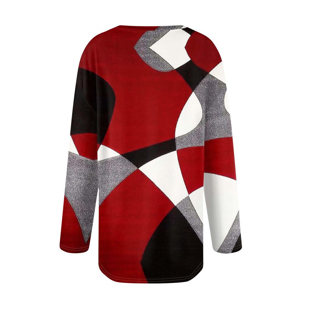 Women's Fashion Long Sleeve Shirts Print Loose Fitted V-Neck Basic Tops Casual Outfits