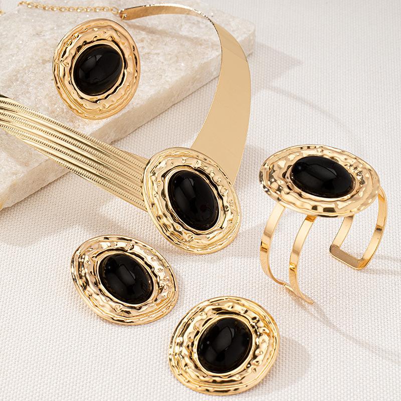 Black Gemstone Setting, Collar Stud Earrings, Bracelet Set, Bohemian Jewelry.