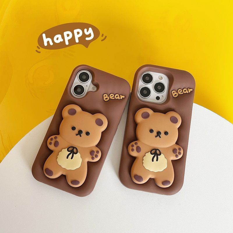 3D Cute Cartoon Bear Telescopic Bracket Silicone Phone Case For iPhone 17 16 15 14 13 12 11 Pro Max Shockproof Protective Cover