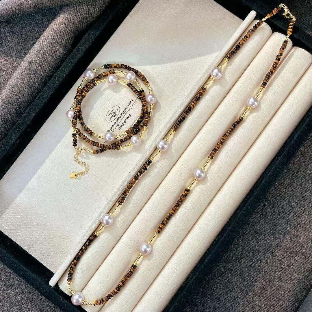 Maillard Wind Natural Tiger S Eye Artificial Crystal Pearl Sweater Chain Necklace Clavicle Chain