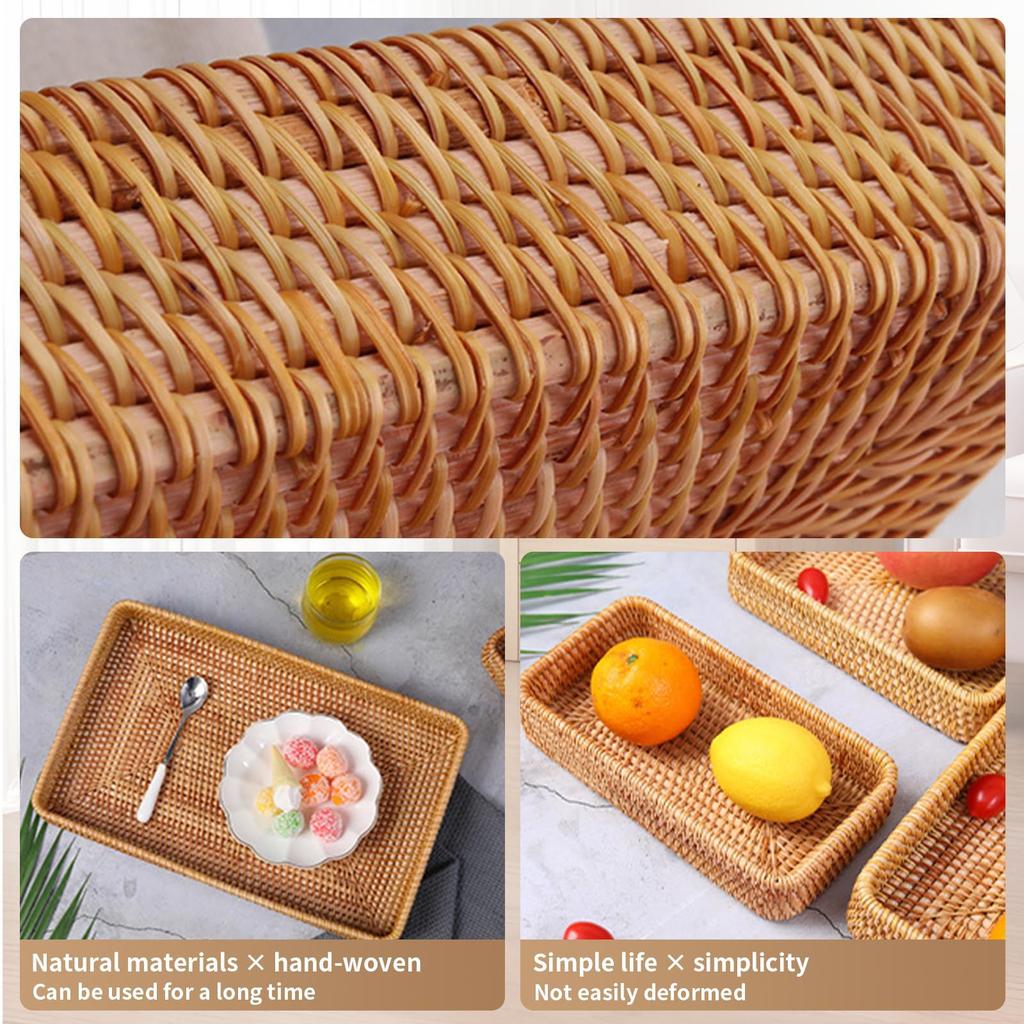 Handwoven Rattan Storage Basket, Wicker Tray Picnic Basket Food Plate Fruit Cake Sundries Box Home Desk Decoration