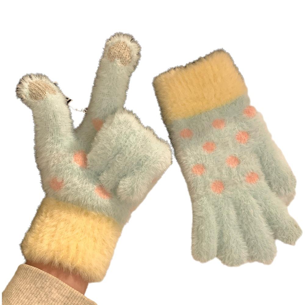 Polka Dot Five-Finger Gloves Touchscreen Warm Gloves Sweet Knitted Gloves Riding