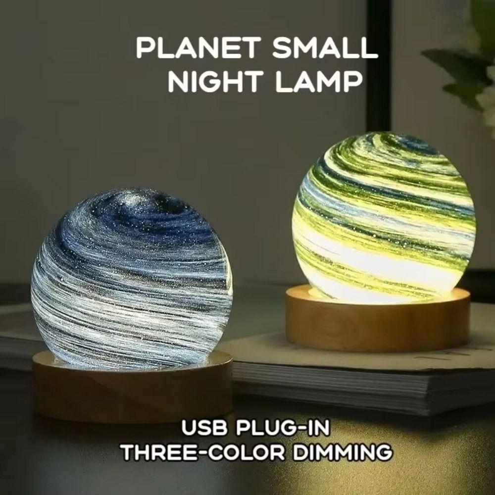 With Wooden Stand 3D Planet Glass Lamp USB Plug In Mini Planet Table Lamp Girls