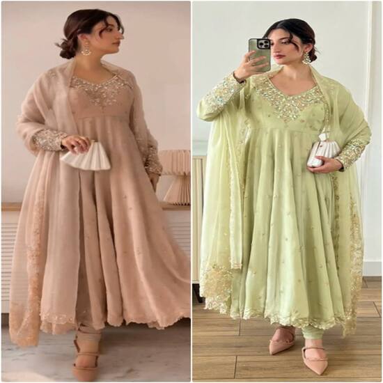 Embellished Anarkali Suit with Dupatta - Available In Beige and Pistachio Green