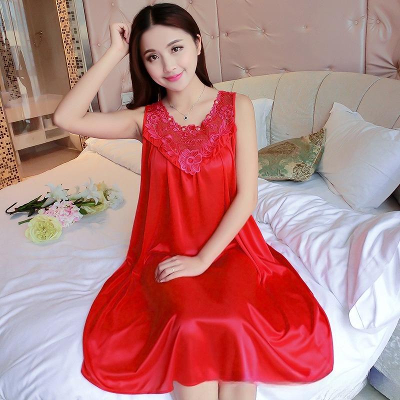 Summer Imitation Silk Nightgowns Women Sexy Sleepwear Nightwear Female Spaghetti Strap Underwear Lace Breathable Homewear