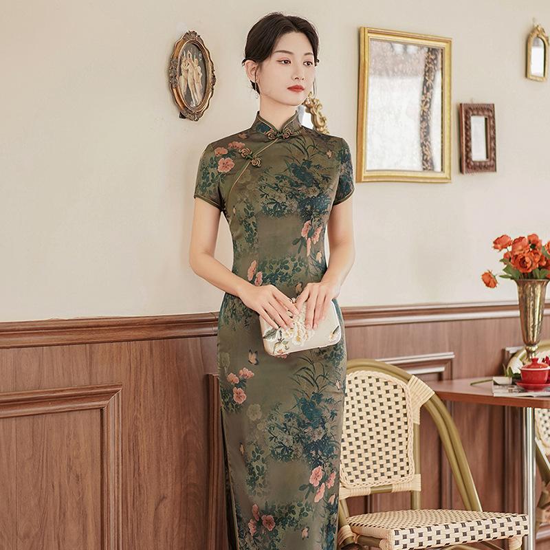 Women's Spring and Summer Retro Slim Cheongsam Long Dress Banquet Performance Elegant Dresses