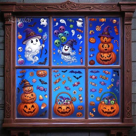 Decorative Window Posters Halloween Cartoon Cling Stickers, Ghost Pumpkin Candy Glass Decals, Self-Adhesive Removable Clings Art for Home Doors