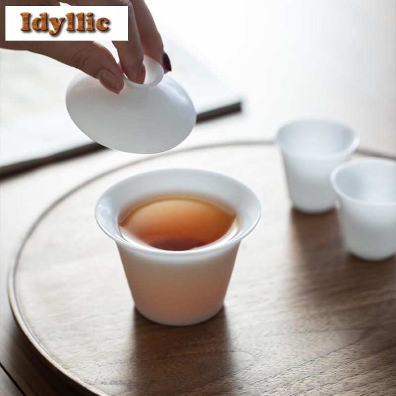 125ml Mutton Fat Jade Ice Seed Horseshoe Gaiwan Ancient Tea Tureen Tea Bowl With Lid Kit Tea Maker Cover Bowl Tea Items Gift