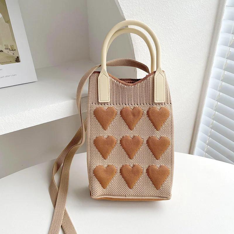 Korean Fashion Heart Knitted Mini Square Handbag For Women Small Mobile Phone Shoulder Bags Girls Cute Outdoor Crossbody Bags