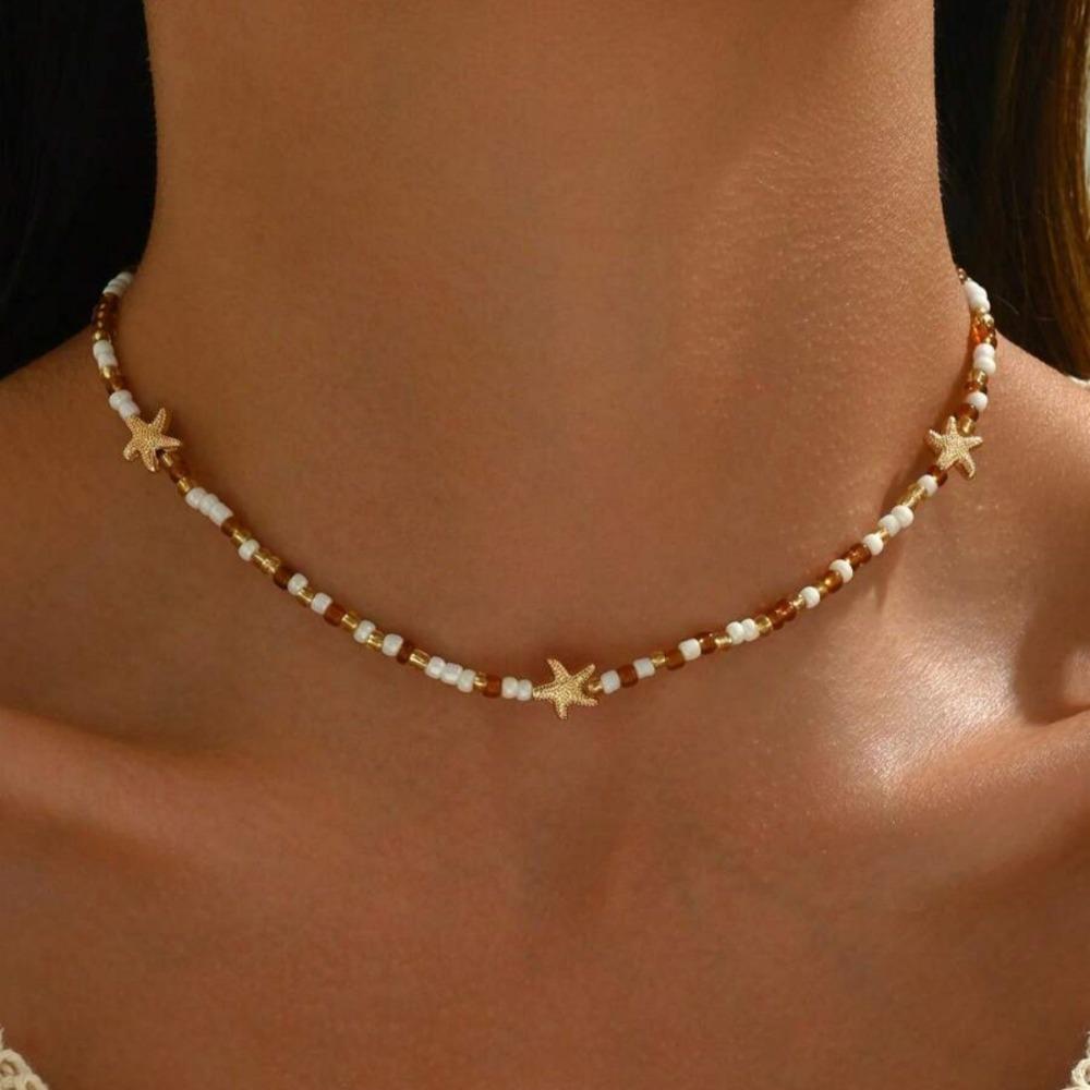 Bohemian Rice Beads Starfish Pendant Necklace for Women Handmade Imitation Pearl Colorful Beaded Choker Summer Beach Jewelry