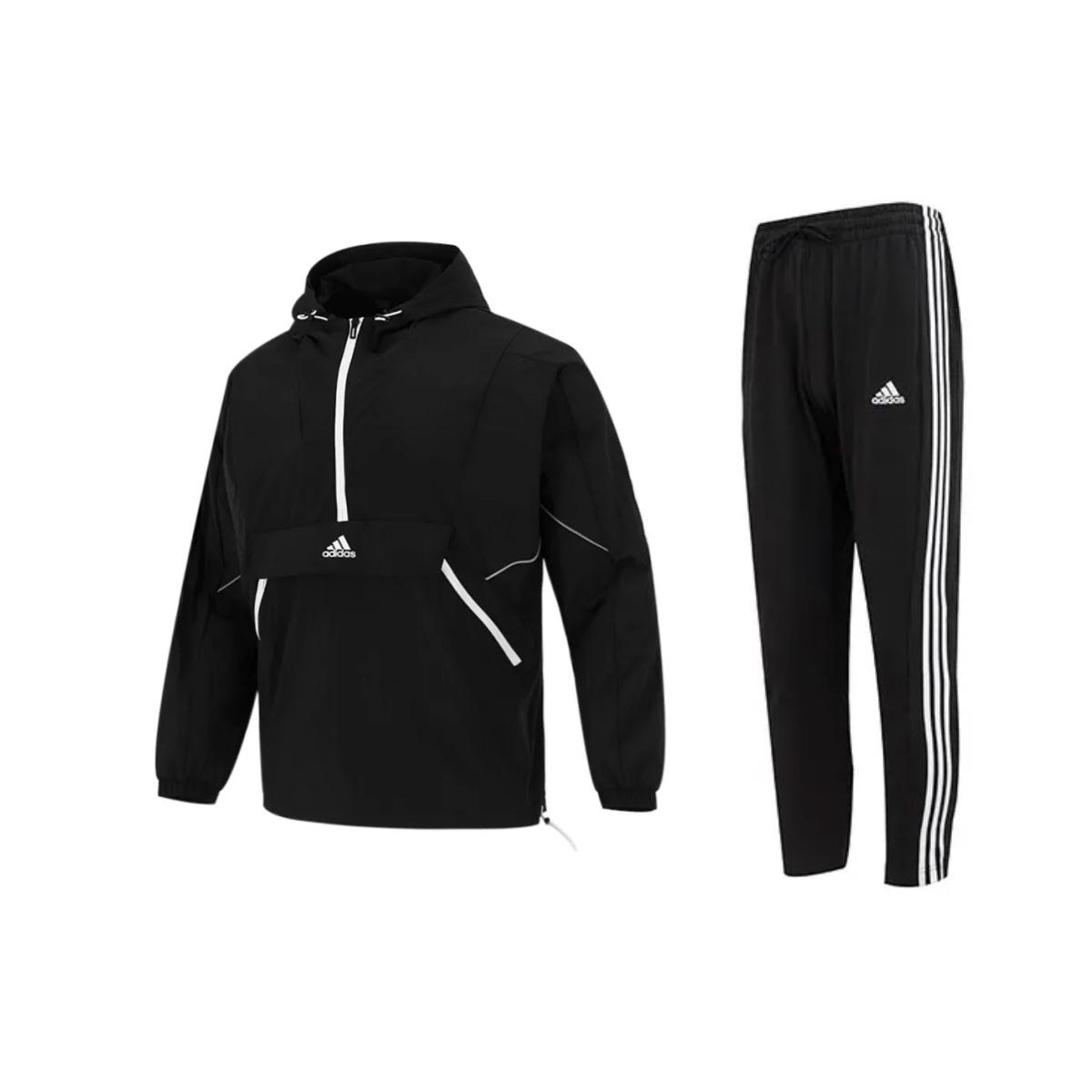 

Adidas Hooded Training Knit Vintage Jacket Striped Knit Drawstring Long Брюки Casual Sports Suit Men Sports Suit Black H40213+IC0044 M