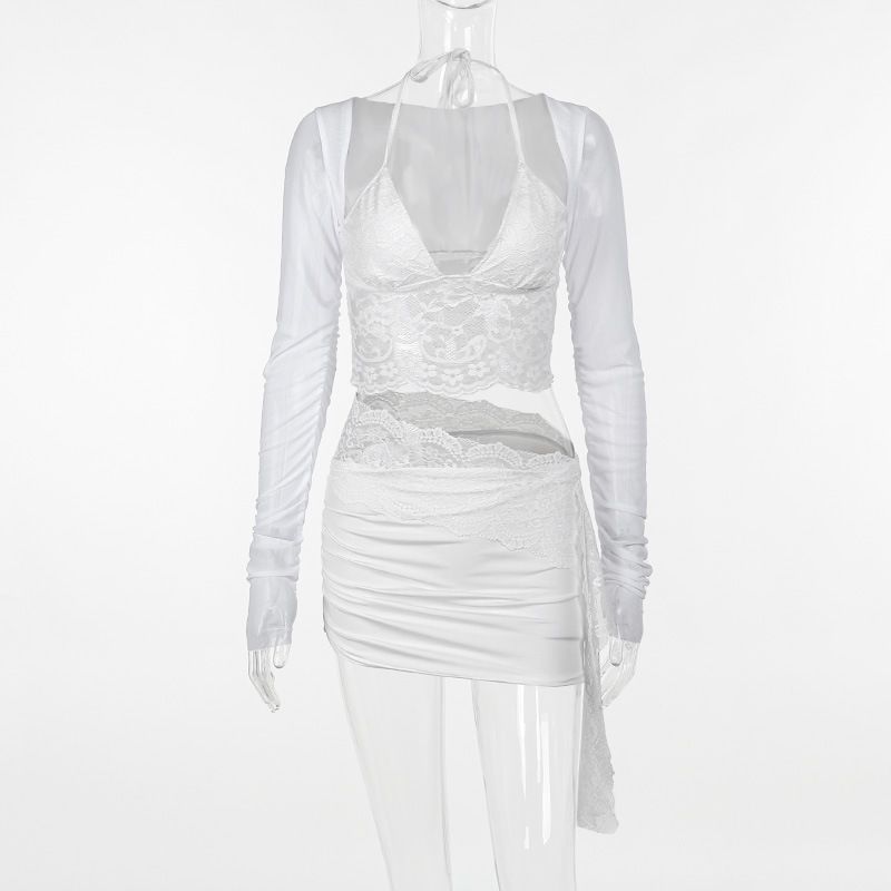 

Мода Инс Новое поступление Мода Сексуальный Глубокий V Кружевная вставка Сетка Длинные рукава Топы Сексуальный Юбка-футляр Наряд Женщины White S