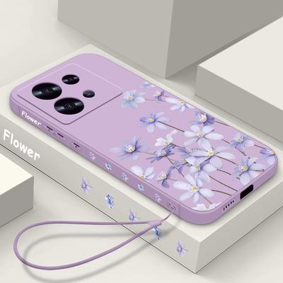 Luxury Purple Flower Case For Xiaomi 13T 11T Pro Poco F6 X6 Pro Funda Redmi Note 14 Pro 5G 13 12 11 Silicone Lanyard Cover