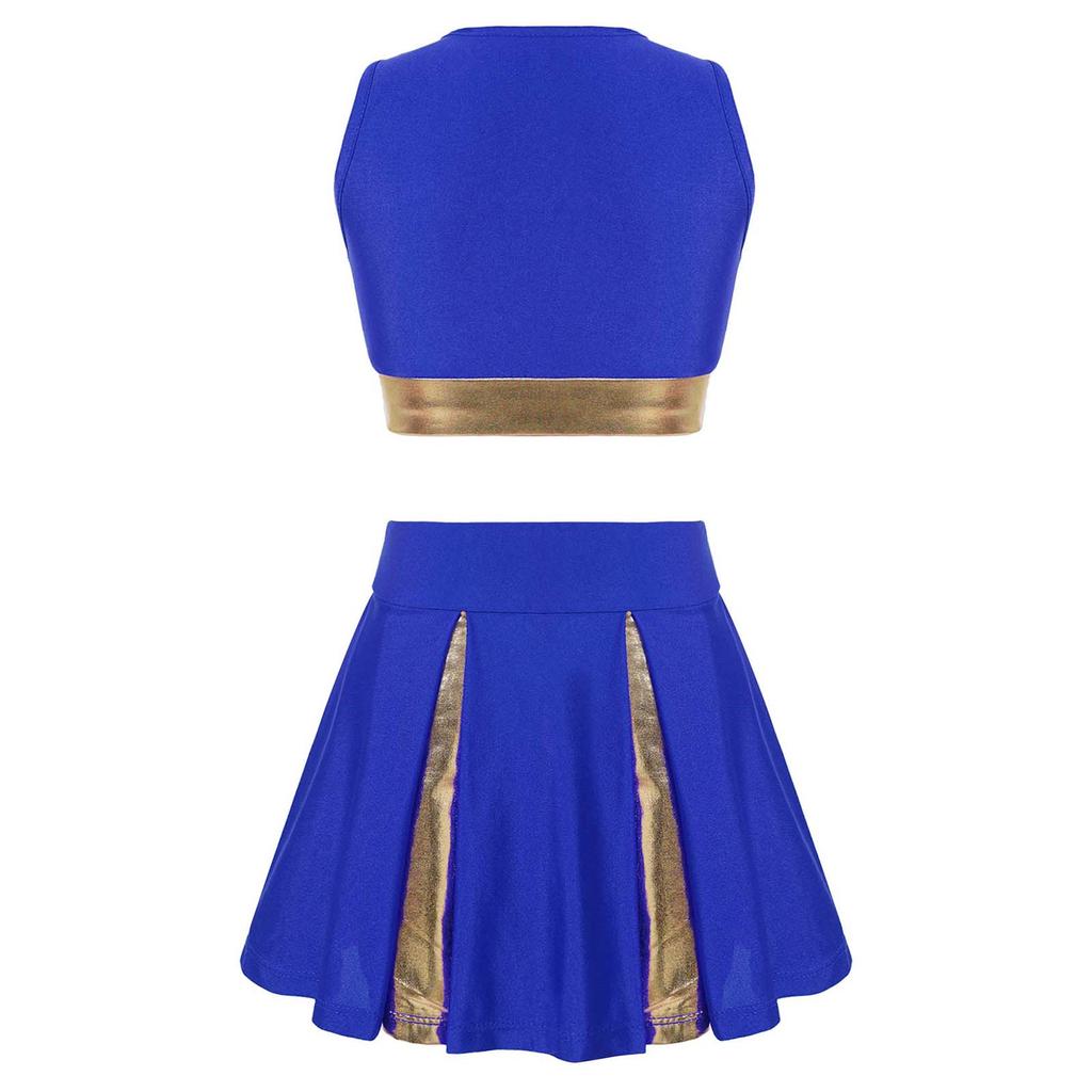 Girls Cheerleading Dance Set Patchwork Crop Top V Neck Letter Print with Elastic Waist Skirt