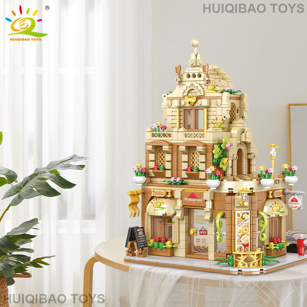 Stadtstraßenansicht Kaffee-Burger-Laden Hotel Modell Bausteine DIY Architektur Kommerzielle Straße Steine Spielzeug Erwachsener