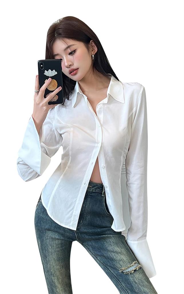 PTORGE White Dress Solid Long Sheer Flared Y2K Street Style Women's Shirt, Color, Turn-Down Collar, Sleeve, Shirt, See-Through Blouse, Open-Collar