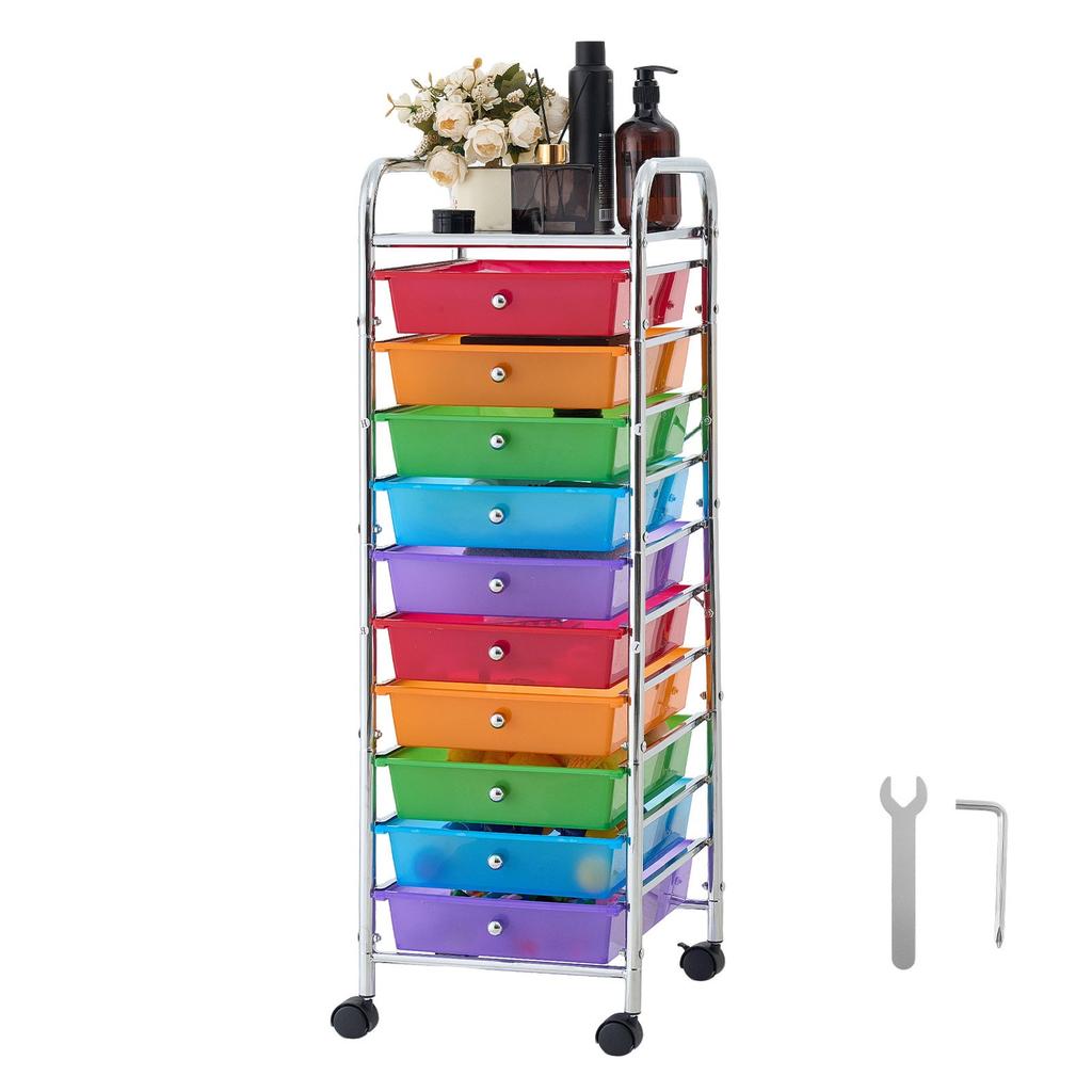 VEVOR Rolling Cart with Drawers, 10 Drawer Storage Organizer, Mobile Utility Cart with Steel Frame, Universal Casters & 2 Brakes