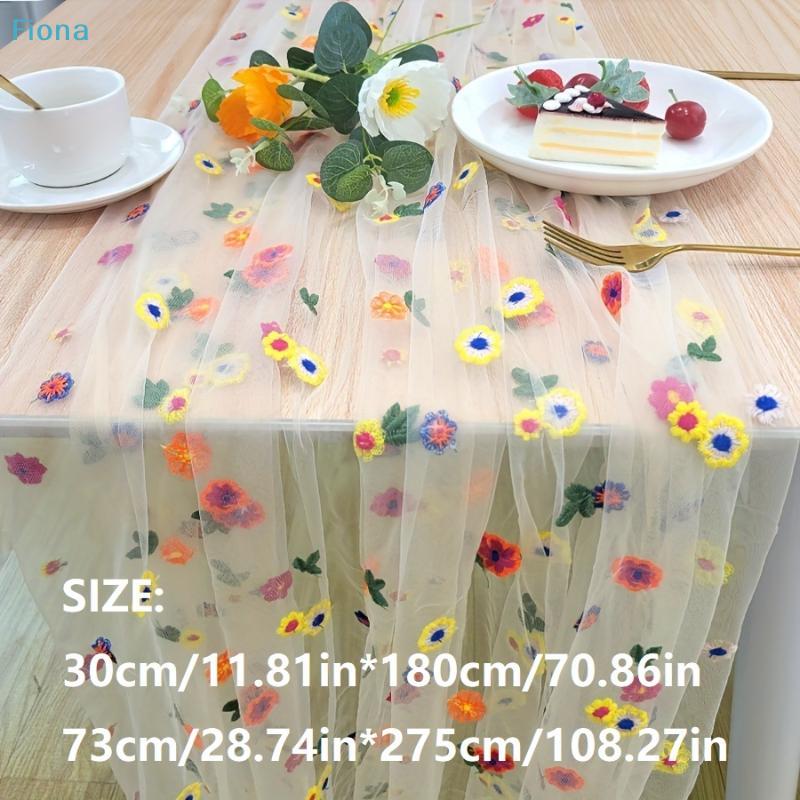 Embroidery Daisy Table Runner Floral Embroidered Lace Tulle Runner Colorful Flower Table Cover For Bridal Shower Birthday Party