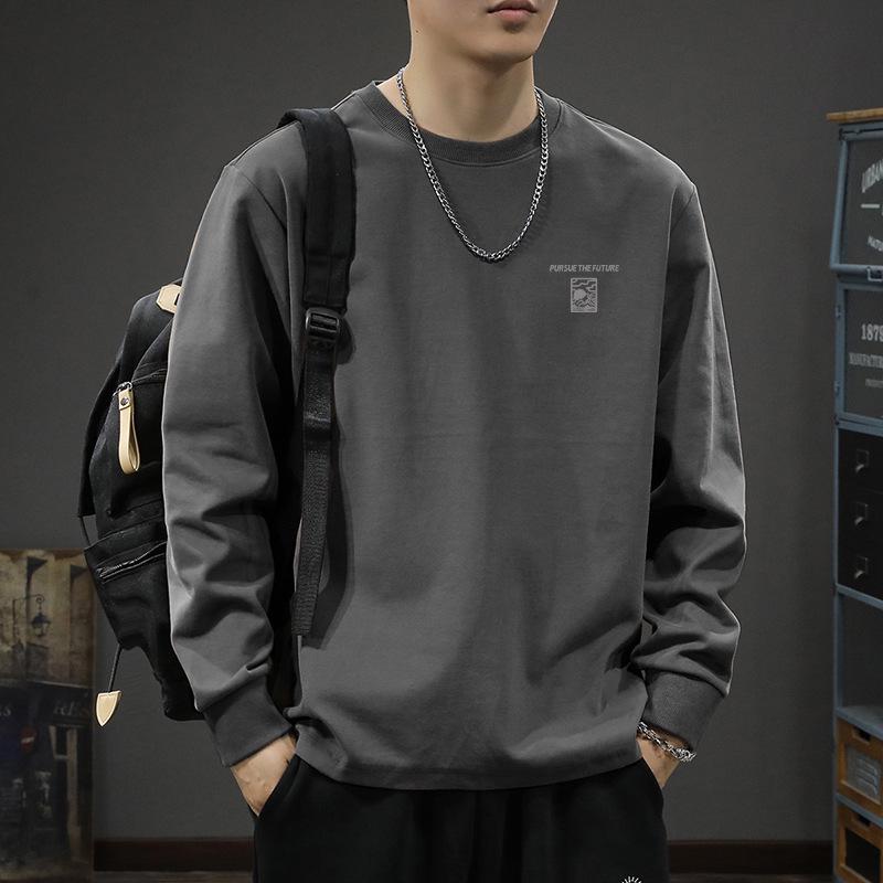 Autorización: Camiseta Base de Algodón Pesado de Manga Larga para Hombre Otoño 2025, Sudadera de Cuello Redondo de Corte Holgado