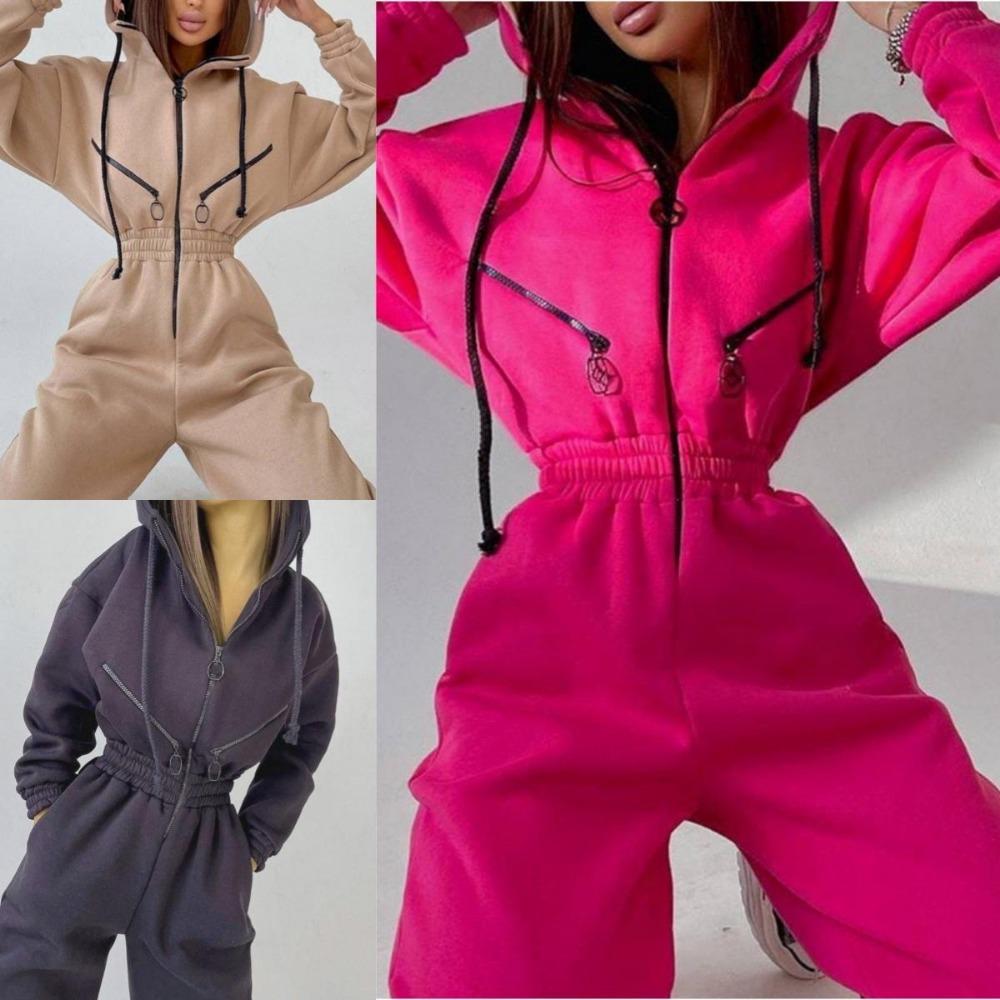 Sportslig avslappet damejumpsuit med dekorativ glidelås og hette