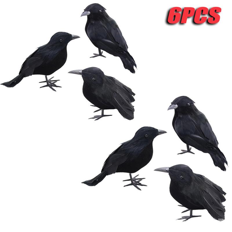 6PCS Black Feather Crow Halloween Props Mock Crow Spooky Feather Decoration Props Halloween Party Scary Animal Horror Props