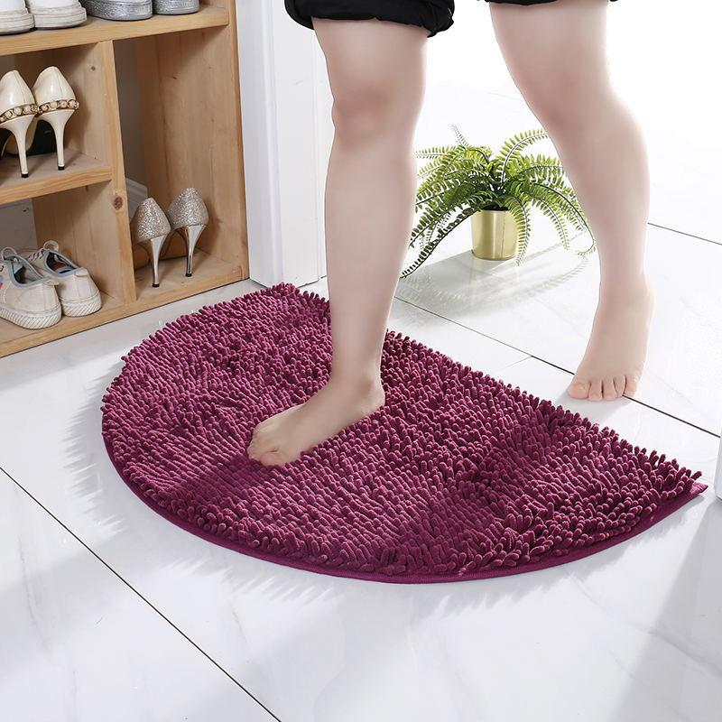 Inyahome Non-Slip Shaggy Chenille Half Round Bathroom Rug Soft Microfibers Bath Mat with Water Absorbent Machine Washable Blue