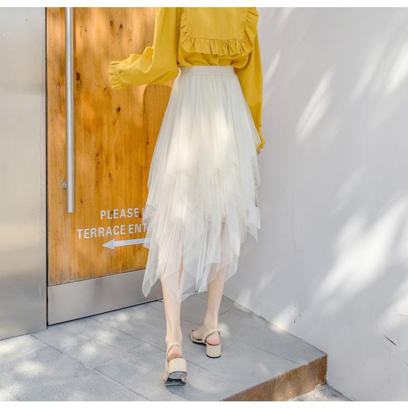 Damen Frühling Asymmetrischer Mesh Midi Rock - Hohe Taille Transparente Einsätze Schlankmachender Rock mit Fließendem Lagen-Design