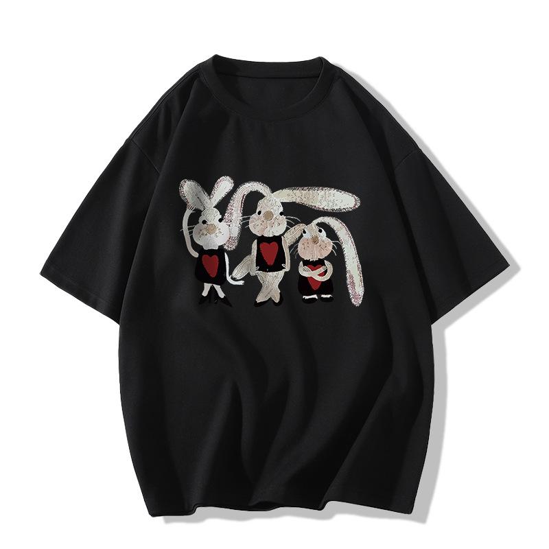Ladies Summer Short Sleeve Round Collar Cartoon Rabbit Printed Loose Pullover Casual T Shirt Top